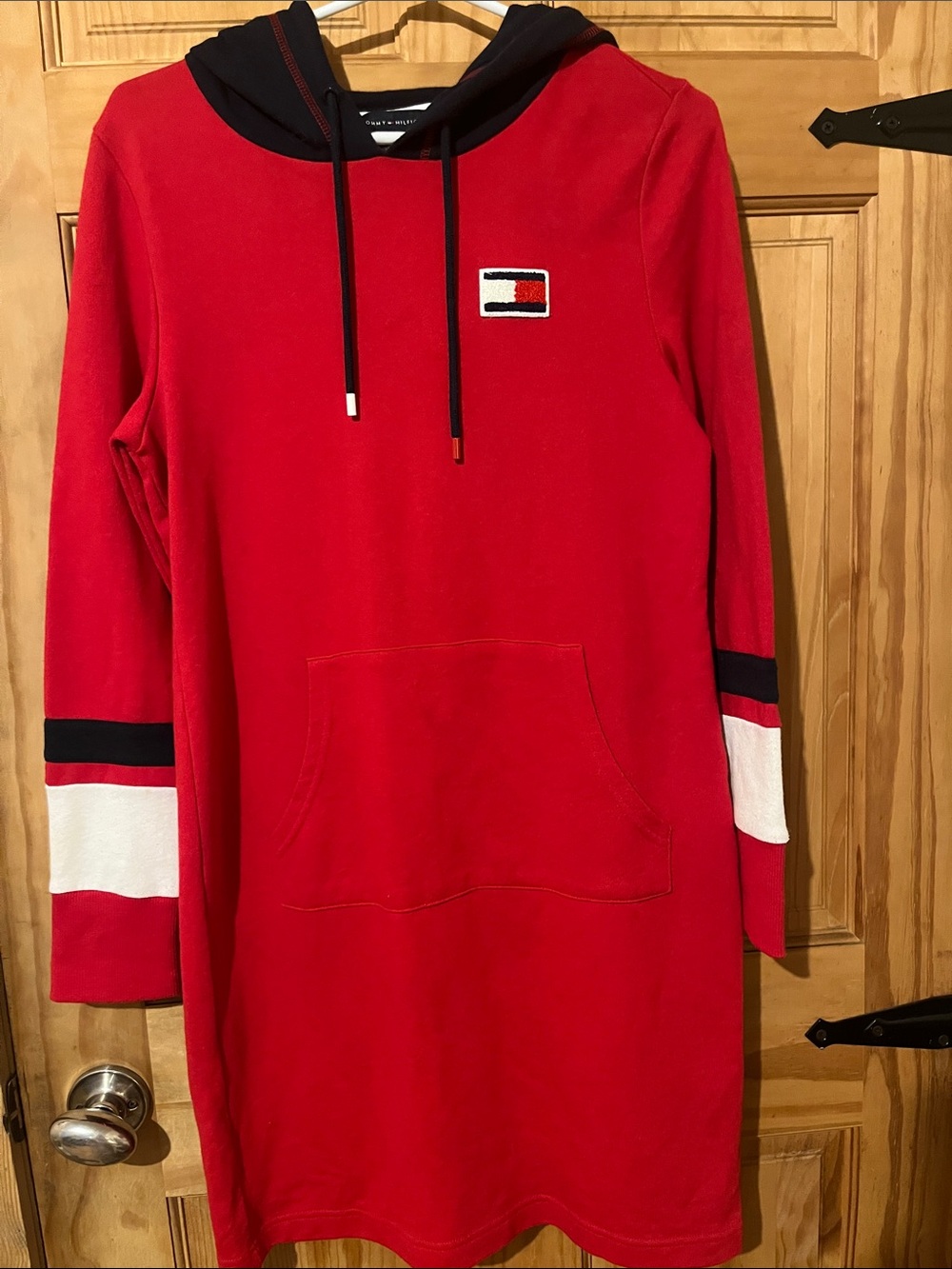 Tommy Hilfiger Red Hooded Sweatshirt Dress with Navy & White Accents